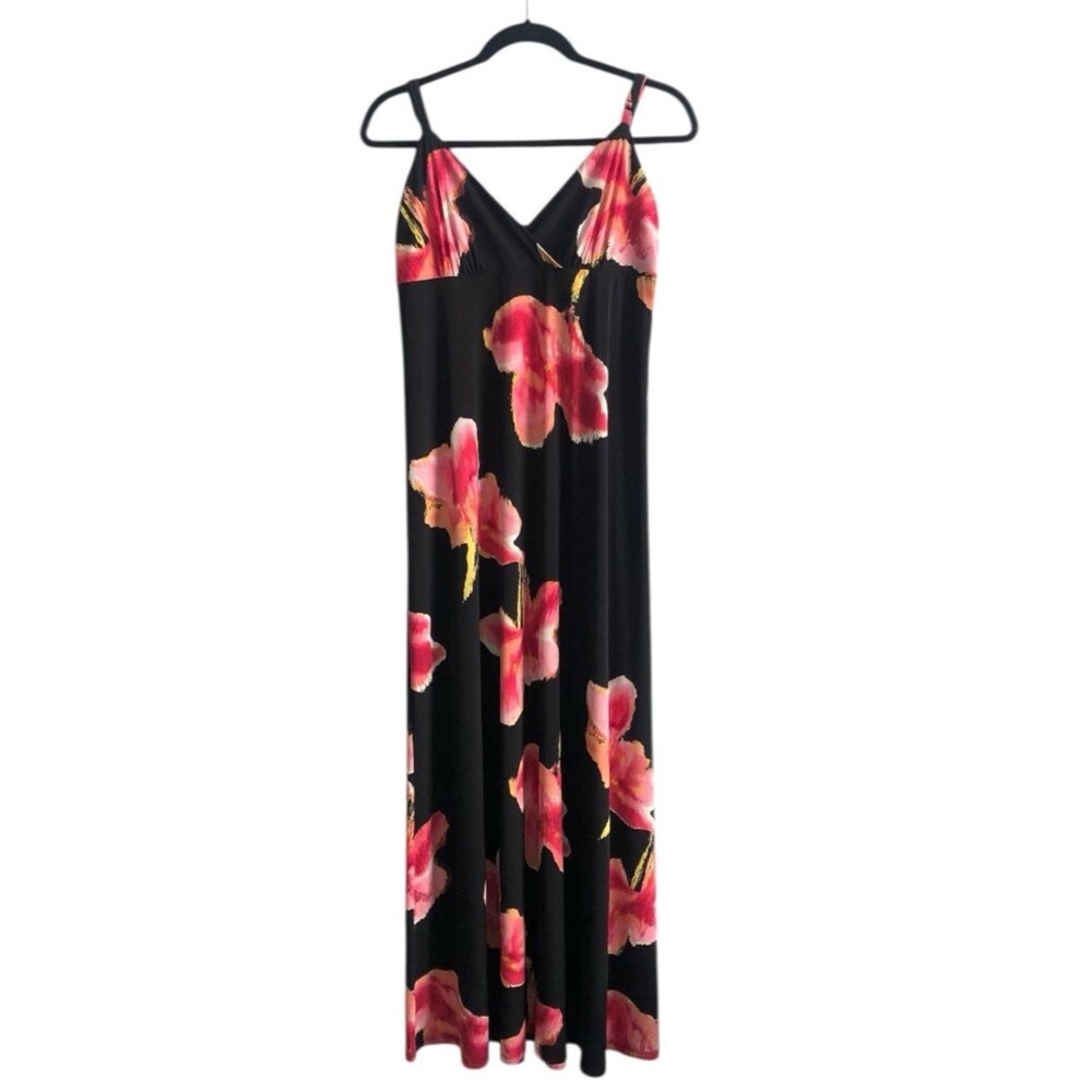 INC Black Floral Maxi Vintage Dress Pink Bloom Print Made in USA Size Medium